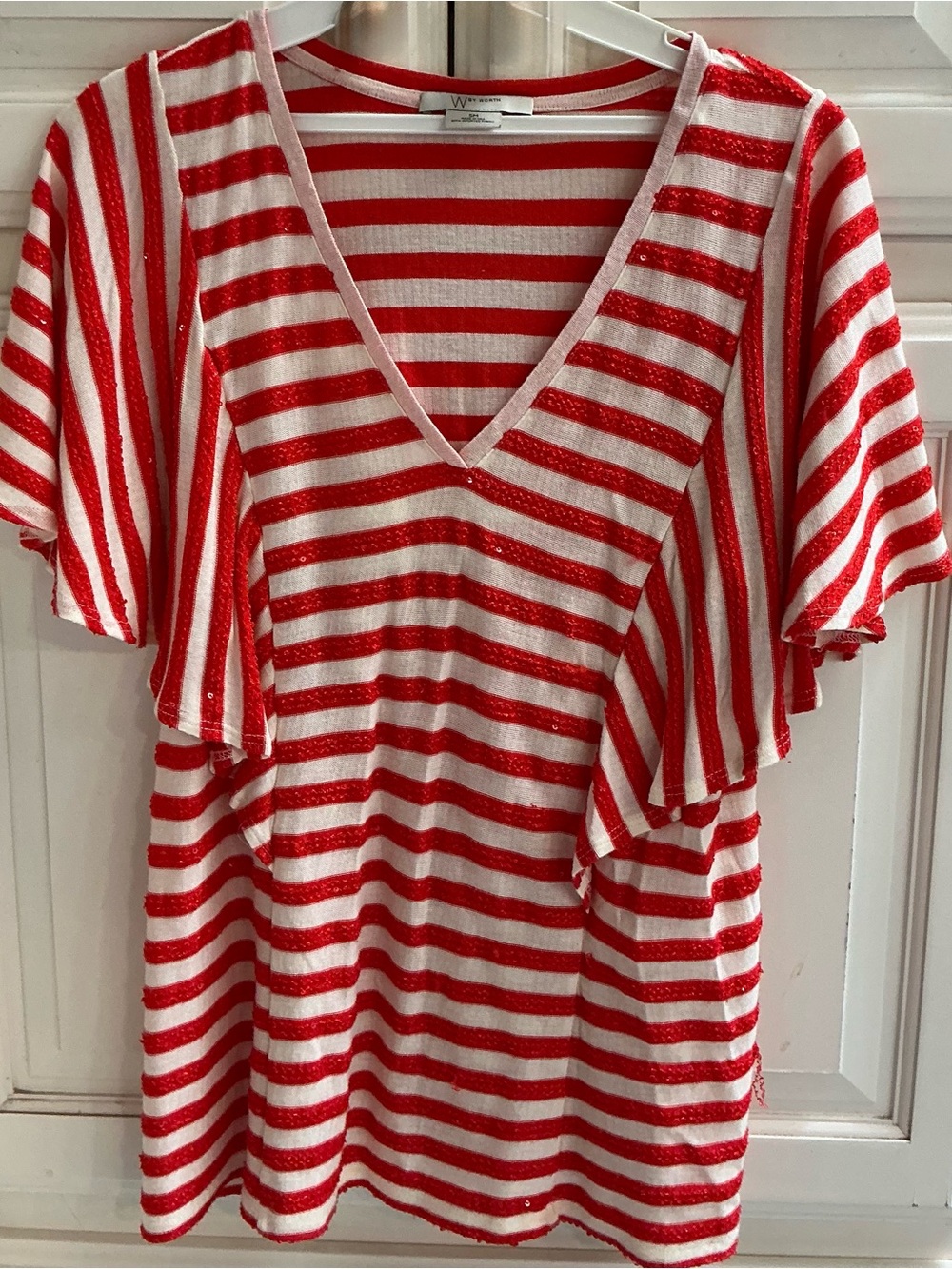 W by Worth SM White & Red Striped V-Neck Flutter Sleeve Top with some sparkle.